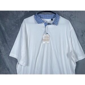 NWT Williams & Kent London Men's Cotton Polo Shirt White Blue Plaid Size XL